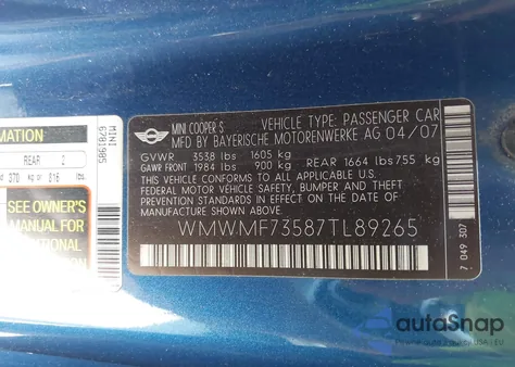 2007 Mini Cooper S from USA, damaged, VIN WMWMF73587TL89265